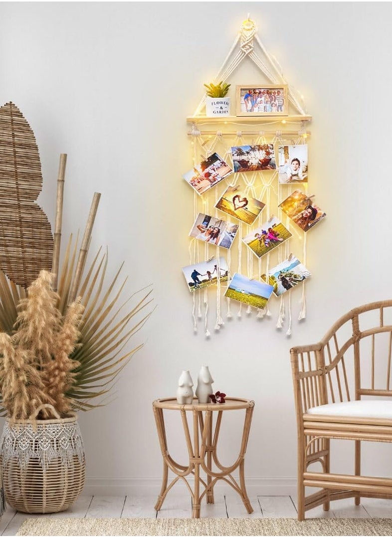 Antikiano - Macrame Hanging Photo Display Wall Decor with Wooden Shelf, Boho Room Bedroom Decor, Picture Card Frame Collage Board with Light 30 Clips, Teenage Teen Girl Gifts - Image 1