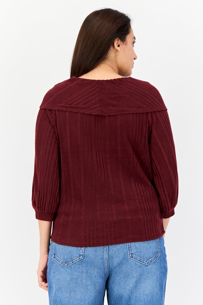 ADRIENNE VITTADINI Women Turtle Neck 3/4 Sleeves Knitted Top, Maroon - Image 3