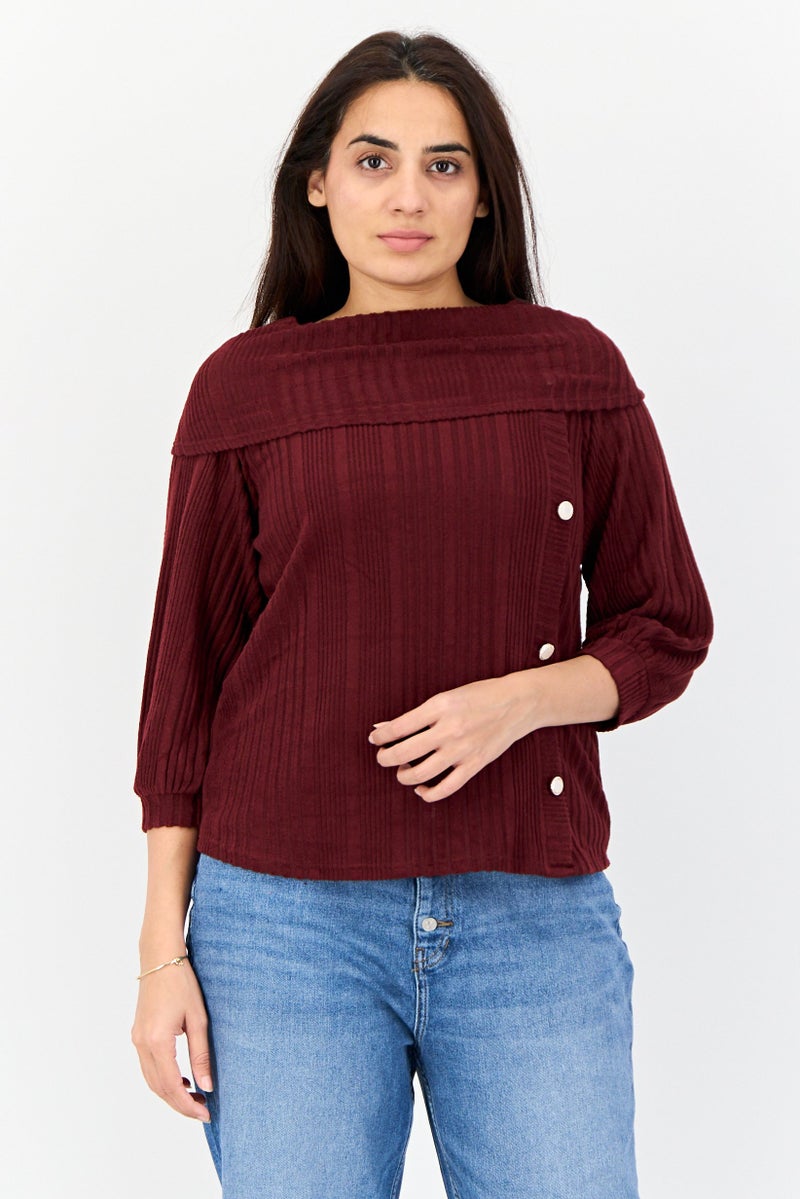 ADRIENNE VITTADINI Women Turtle Neck 3/4 Sleeves Knitted Top, Maroon - Image 1