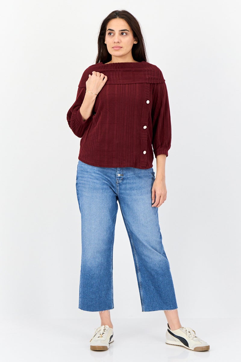 ADRIENNE VITTADINI بلوزة نسائية برقبة سلحفاة بأكمام 3/4 محبوكة، مارون - Image 2