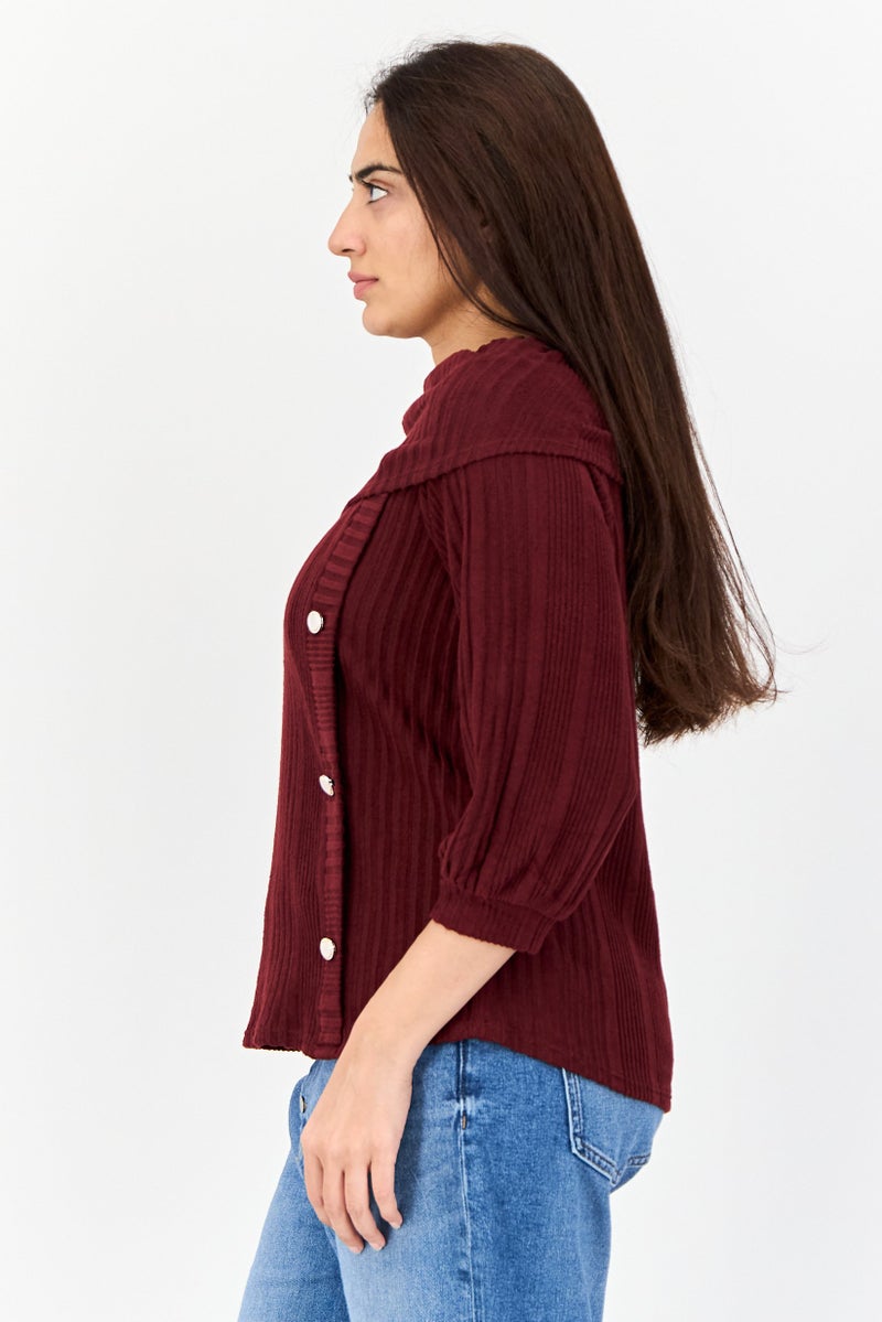 ADRIENNE VITTADINI بلوزة نسائية برقبة سلحفاة بأكمام 3/4 محبوكة، مارون - Image 4