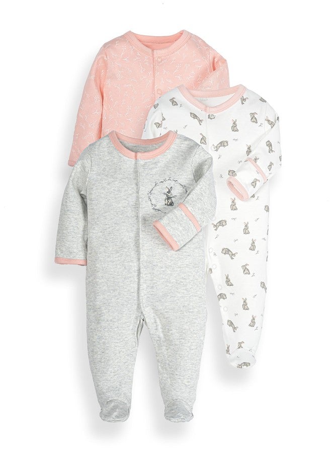 SKYTWO Baby Footie Bodysuits with Mittens - 3 Pack Infant Girls Boys Footie Rompers (US, Age, 3 Months, Rabbit) - Image 1