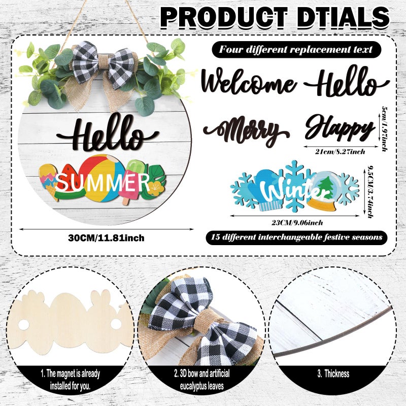 Burbell 20 Pieces Interchangeable Welcome Sign for All Seasons Seasonal Front Door Decor with 4 Pcs Sign and 15 Pcs Changeable Icons Farmhouse Front Porch Rustic Holiday Wooden Door Decor(White) - Image 2
