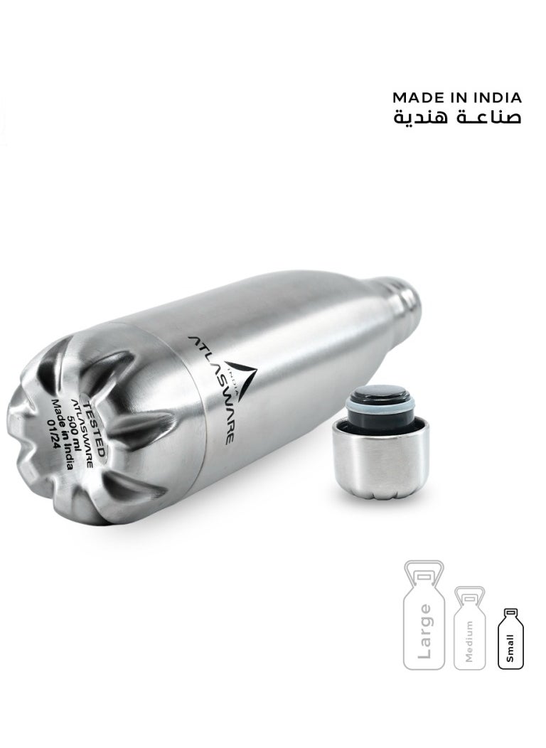 Atlasware - Water Bottle with a Capacity of 500 ml, Stainless Steel Water Bottle that keeps Cold for 37 Hours and Keeps Heat for 16 Hours, Silver - Image 1