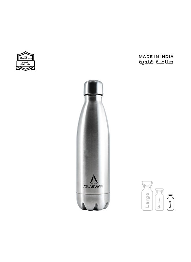 Atlasware - Water Bottle with a Capacity of 500 ml, Stainless Steel Water Bottle that keeps Cold for 37 Hours and Keeps Heat for 16 Hours, Silver - Image 1