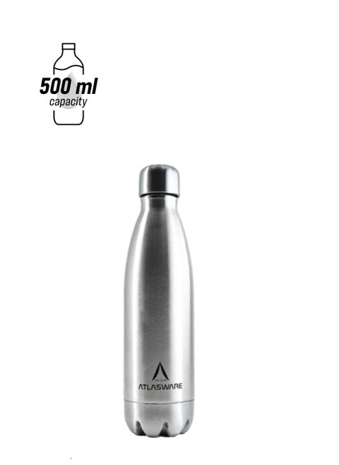 Water Bottle with a Capacity of 500 ml, Stainless Steel Water Bottle that keeps Cold for 37 Hours and Keeps Heat for 16 Hours, Silver