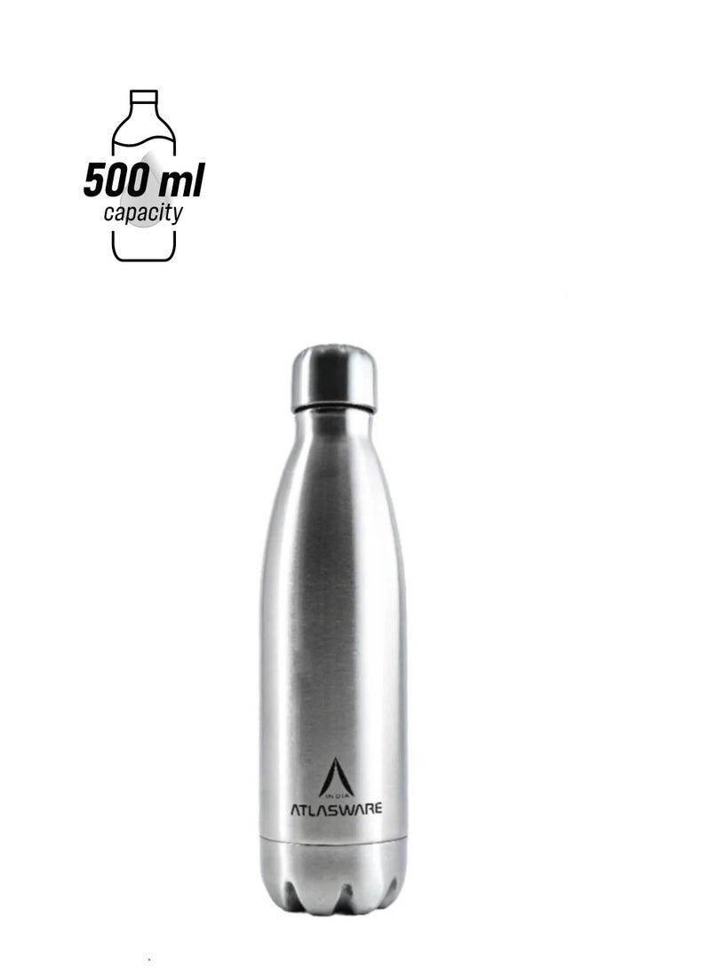 Atlasware Water Bottle with a Capacity of 500 ml, Stainless Steel Water Bottle that keeps Cold for 37 Hours and Keeps Heat for 16 Hours, Silver  - Image 1