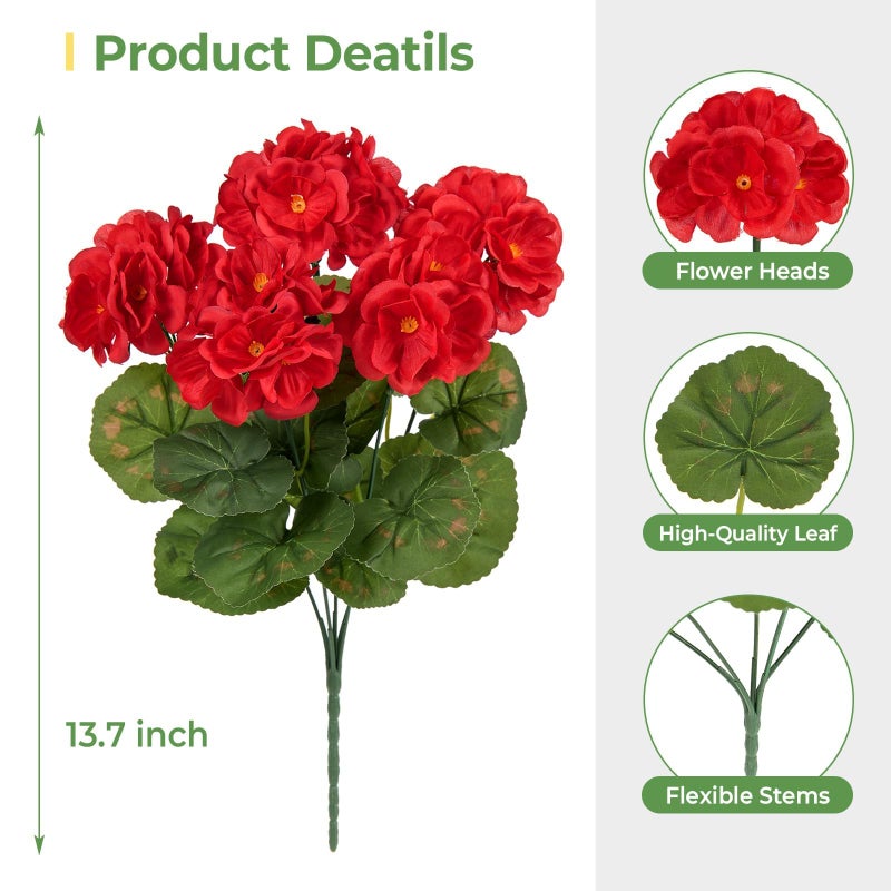 ATTGREAT Artificial Flowers for Outdoors Faux Geraniums Plants UV Resistant Outside Fake Silk Flowers Bulk Plastic Greenery for Home Porch Planter Patio Table Centerpieces Decor, 6 Bundles (Red) - Image 2