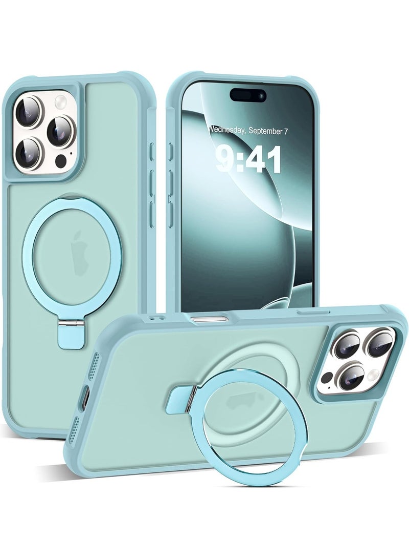 جراب مغناطيسي لهاتف iPhone 16 Pro Max مع حامل حلقي، [حماية من السقوط حتى 10 أقدام] [ملمس مخملي] جراب هاتف نحيف شفاف غير لامع مقاوم للصدمات لهاتف iPhone 16 Pro Max مقاس 6.9 بوصة، أزرق فاتح - Image 1