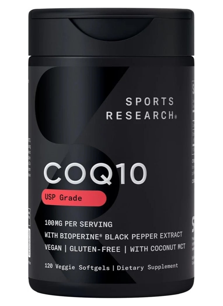 SPORTS RESEARCH - Sports Research CoQ10 100mg Enhanced with Coconut Oil & Bioperine Vegan Certified and Non-GMO Verified 120 Veggie Softgels for Better Absorption - Image 1