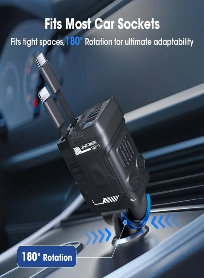 AROAQ 4-in-1 Retractable Car Charger with Extra-Long Cables & Fast Charging – Mechanical Style 180° Adjustable Plug, Dual USB Ports + 2 Built-In 31.5" Cables – Compatible with iPhone, Samsung, S23/S22, Pixel & More – Universal Car Accessory , Yellow - Image 3