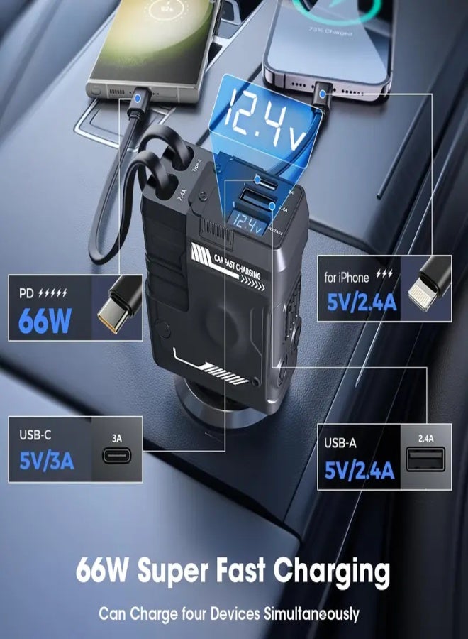 AROAQ 4-in-1 Retractable Car Charger with Extra-Long Cables & Fast Charging – Mechanical Style 180° Adjustable Plug, Dual USB Ports + 2 Built-In 31.5" Cables – Compatible with iPhone, Samsung, S23/S22, Pixel & More – Universal Car Accessory , Yellow - Image 4