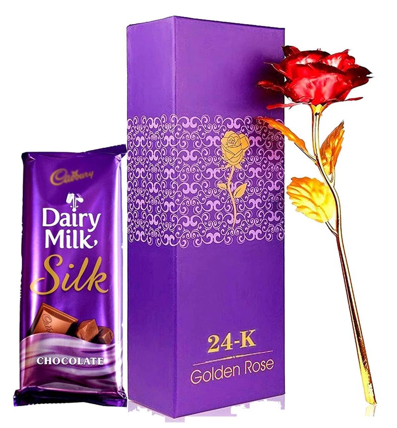 Saugat Traders Love Gift For Girlfriend Combo - Golden Rose & Dairy Milk Silk Chocolate - Valentine Day-Birthday-Rose Day Gift Proposal - Image 1