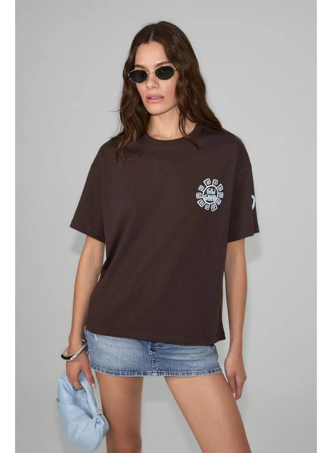 GRIMELANGE SAHARA Women's Soft and 100% Organic Cotton Print Detailed Brown T-Shirt.