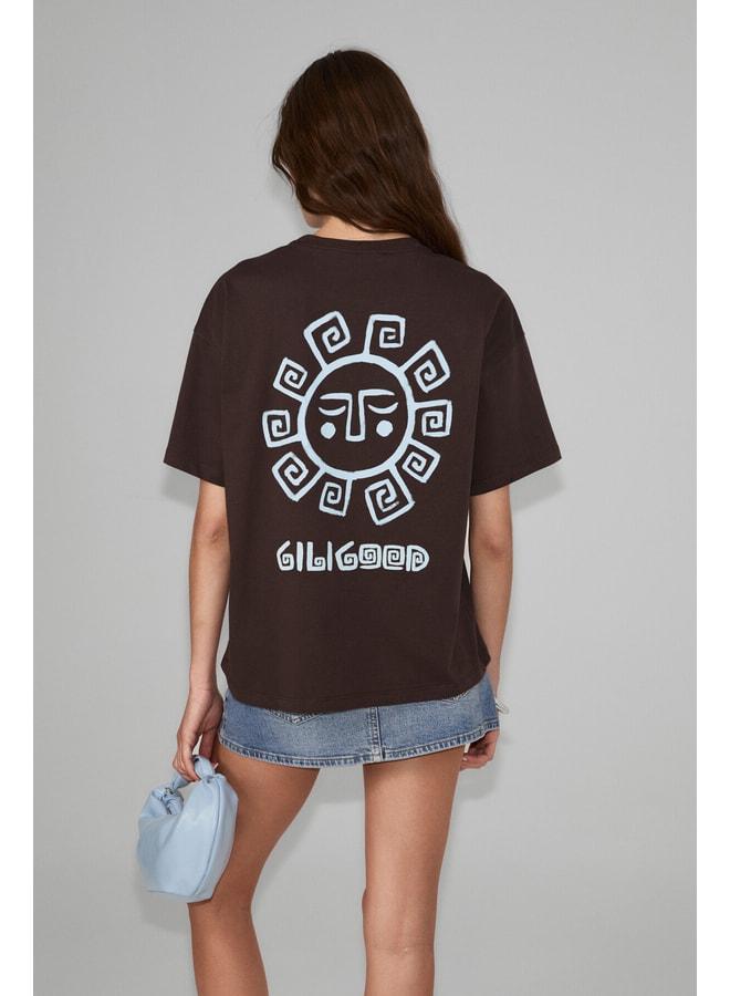 GRIMELANGE SAHARA Women's Soft and 100% Organic Cotton Print Detailed Brown T-Shirt. - Image 2