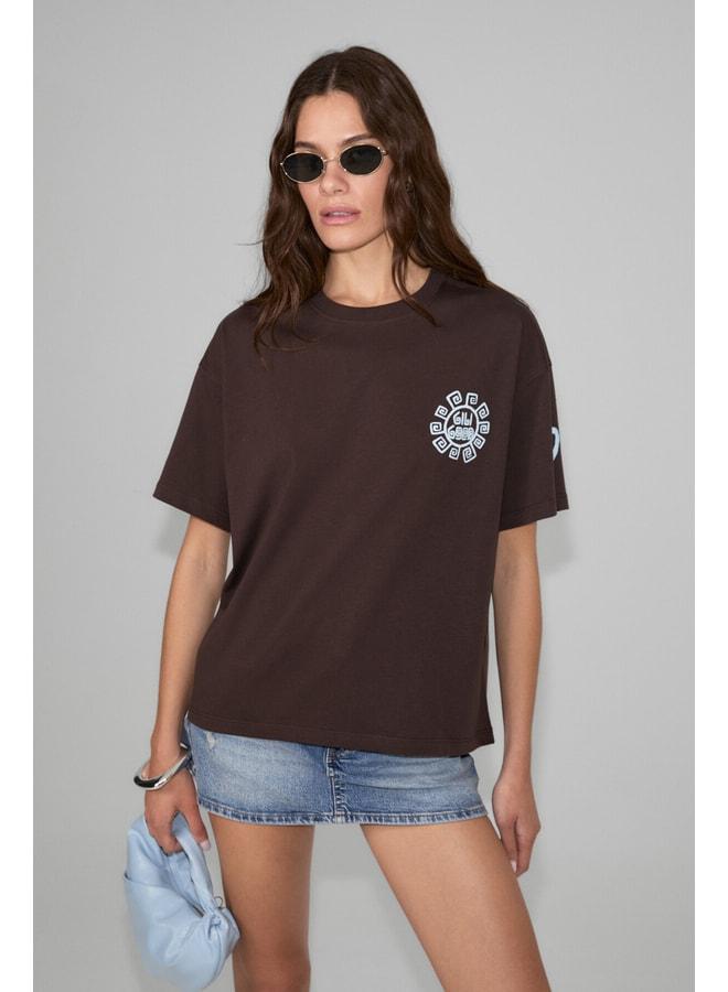 GRIMELANGE SAHARA Women's Soft and 100% Organic Cotton Print Detailed Brown T-Shirt. - Image 1