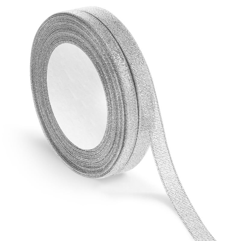 Exircy 3/8 Inch Silver Glitter Ribbon 50yard (2rolls) Sparkly Metallic Fabric Ribbons Silver Organza Shimmer Sheer Ribbon for Gifts DIY Party Wrapping Wedding Decoration and Crafts - Image 1