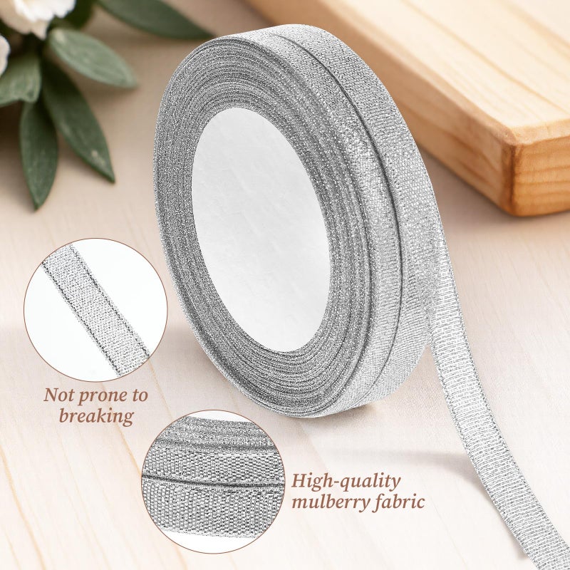 Exircy 3/8 Inch Silver Glitter Ribbon 50yard (2rolls) Sparkly Metallic Fabric Ribbons Silver Organza Shimmer Sheer Ribbon for Gifts DIY Party Wrapping Wedding Decoration and Crafts - Image 4