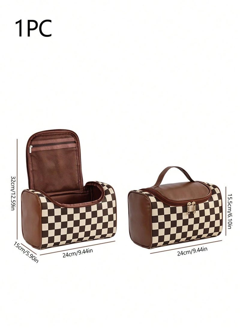 خاجول حقيبة مستحضرات التجميل المحمولة للسيدات حقيبة مستحضرات التجميل ذات التصميم القديم المرقع منظم وسادة على شكل وسادة منظمة للعناية بالبشرة سعة كبيرة حقيبة يد أنيقة مقاومة للماء (بني) - Image 2