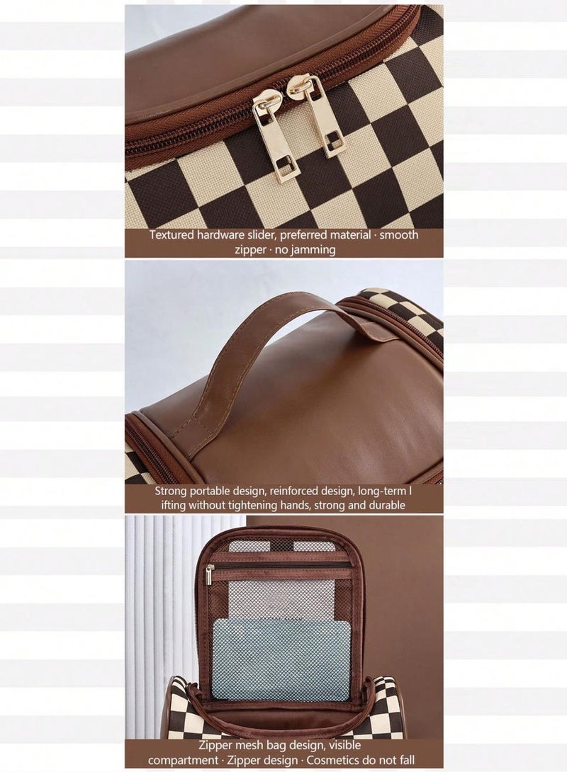 خاجول حقيبة مستحضرات التجميل المحمولة للسيدات حقيبة مستحضرات التجميل ذات التصميم القديم المرقع منظم وسادة على شكل وسادة منظمة للعناية بالبشرة سعة كبيرة حقيبة يد أنيقة مقاومة للماء (بني) - Image 3