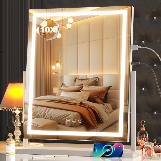 VANITY MIRROR WITH LIGHTS LIGHTED MAKEUP MIRROR WITH 10X MAGNIFICATION DIMMABLE 3 MODES TOUCH SCREEN CONTROL LED MAKEUP MIRROR 17 X 22 INCH