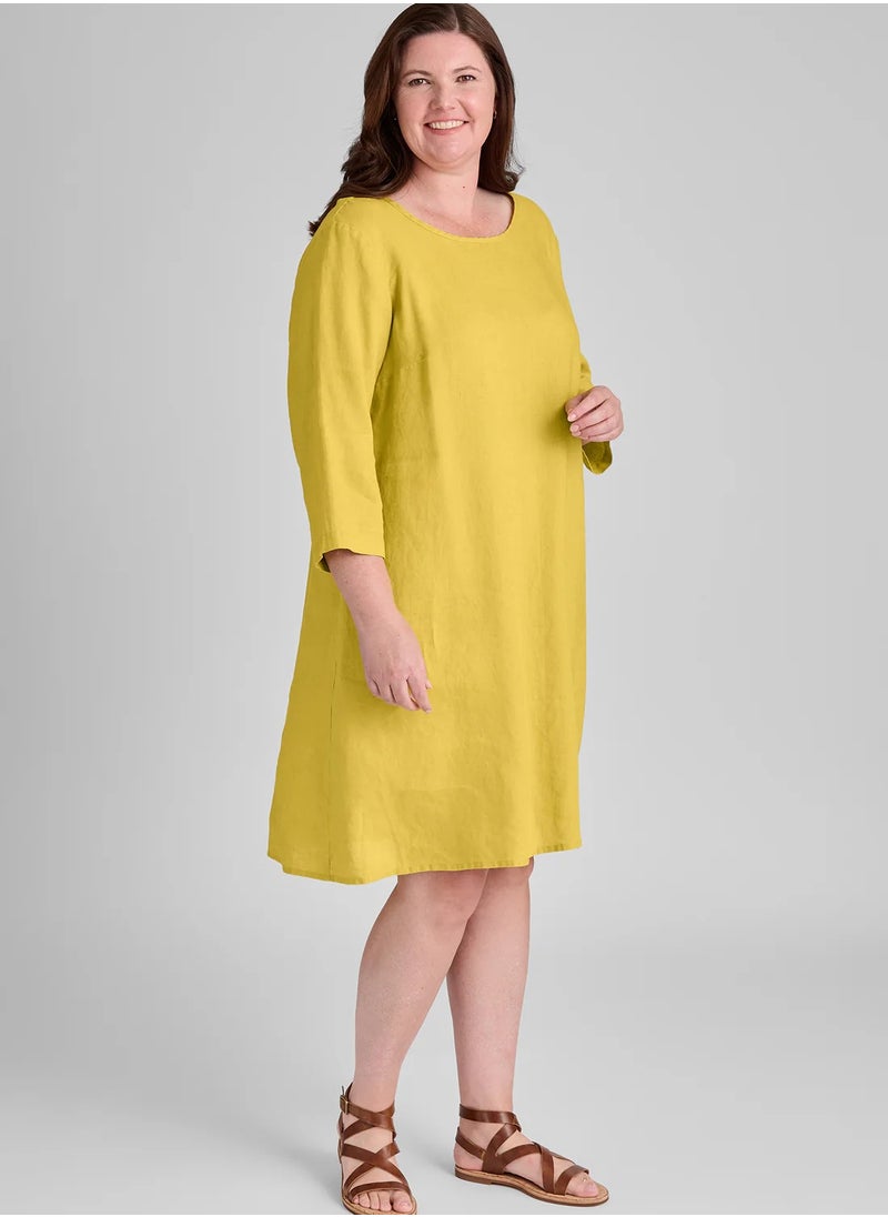 JewelOnPalette Luxury Linen Jewel-Neck Dress for Plus Size | Effortless Elegance in Pure Irish Linen | 3/4 Sleeves, Soft Back Gathers, Side Pockets | Dirty Yellow  - Image 1