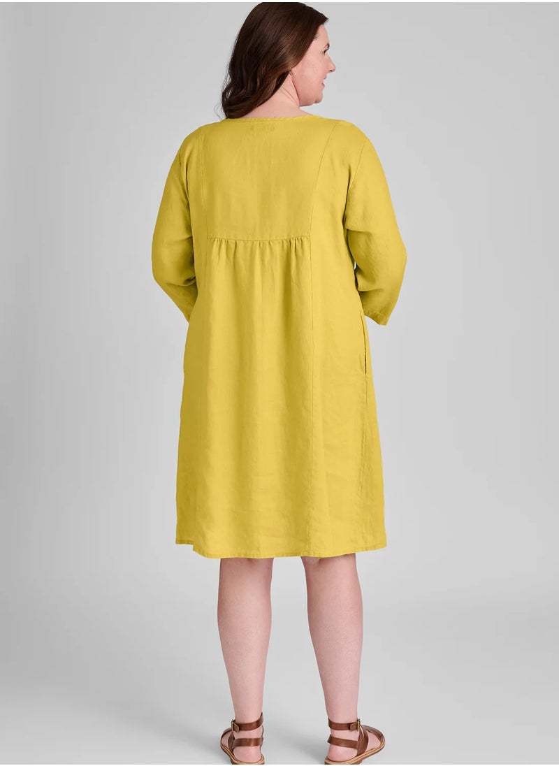JewelOnPalette Luxury Linen Jewel-Neck Dress for Plus Size | Effortless Elegance in Pure Irish Linen | 3/4 Sleeves, Soft Back Gathers, Side Pockets | Dirty Yellow  - Image 2