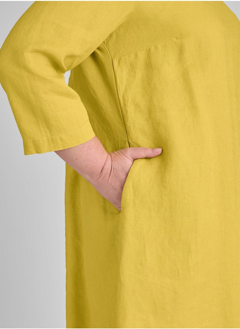 JewelOnPalette Luxury Linen Jewel-Neck Dress for Plus Size | Effortless Elegance in Pure Irish Linen | 3/4 Sleeves, Soft Back Gathers, Side Pockets | Dirty Yellow  - Image 3