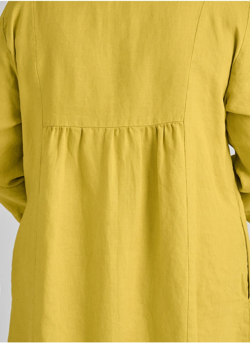 JewelOnPalette Luxury Linen Jewel-Neck Dress for Plus Size | Effortless Elegance in Pure Irish Linen | 3/4 Sleeves, Soft Back Gathers, Side Pockets | Dirty Yellow  - Image 4