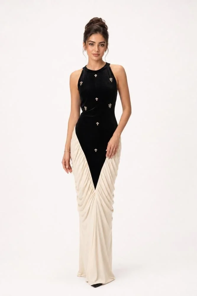 Opera Fashion Black and Cream Velvet Evening Dress