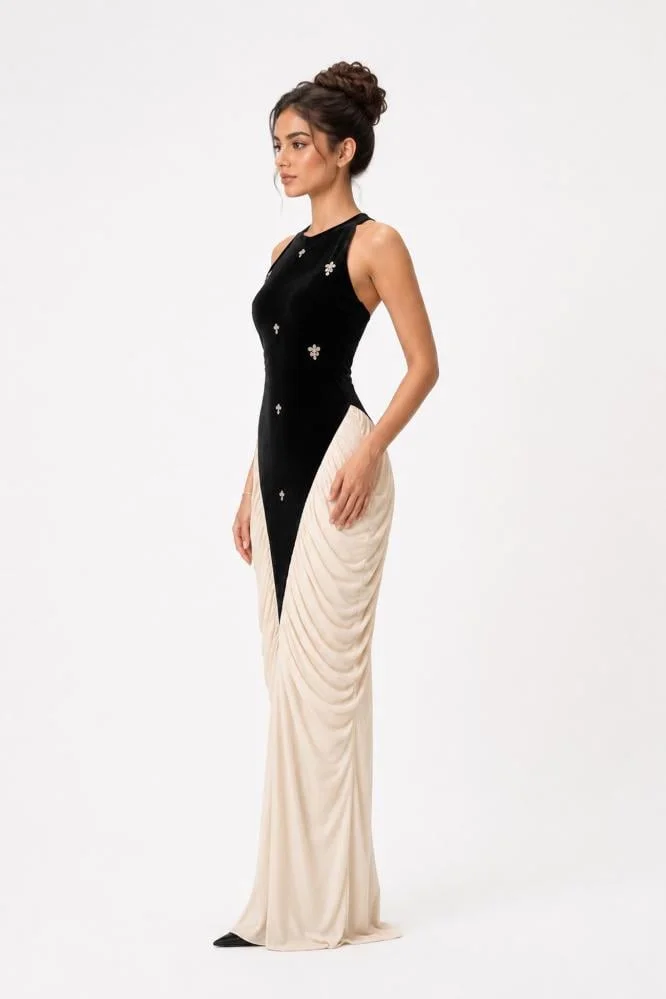 Opera Fashion Black and Cream Velvet Evening Dress