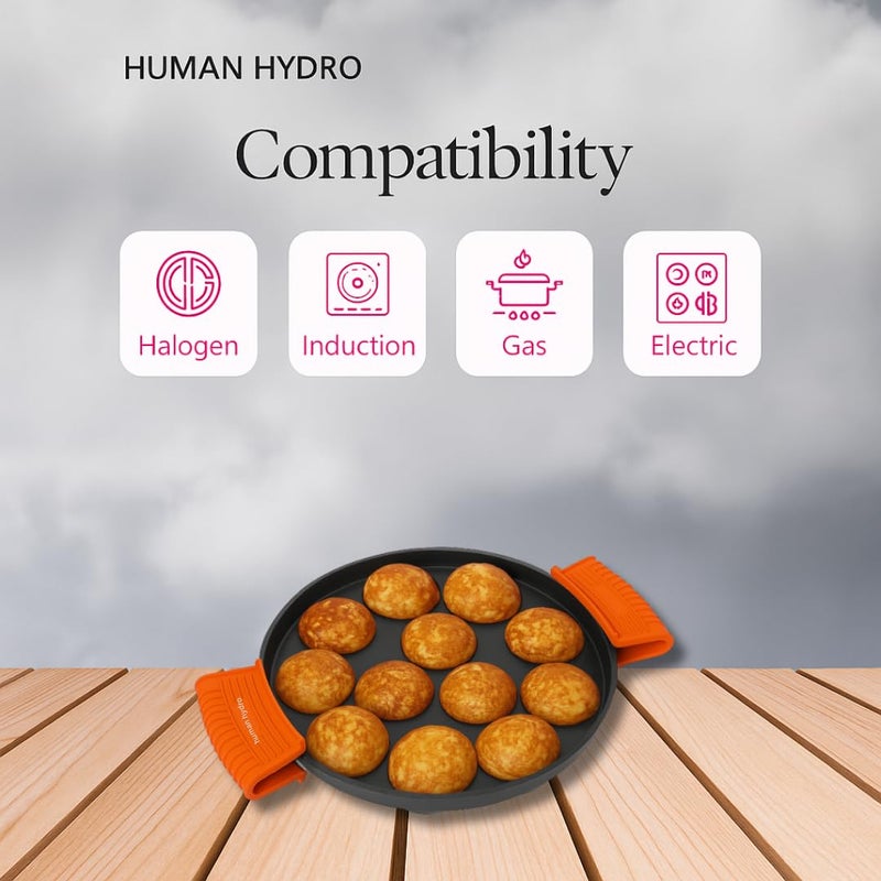 Human Hydro مقلاة بانيارام من الحديد الزهر مسبقة التتبيل 12 حفرة (20 سم) مع غطاء زجاجي ومقابض سيليكون | غير لاصقة بشكل طبيعي | متوافقة مع الحث والغاز | مثالية للأبام، باددو وبانيارام - Image 3