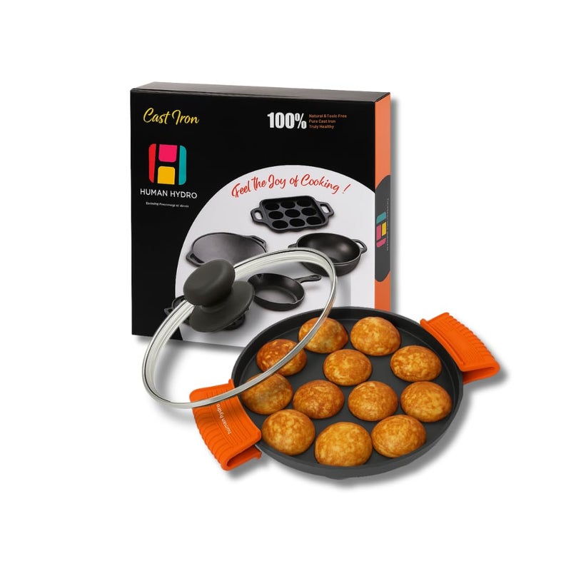 Human Hydro مقلاة بانيارام من الحديد الزهر مسبقة التتبيل 12 حفرة (20 سم) مع غطاء زجاجي ومقابض سيليكون | غير لاصقة بشكل طبيعي | متوافقة مع الحث والغاز | مثالية للأبام، باددو وبانيارام - Image 1