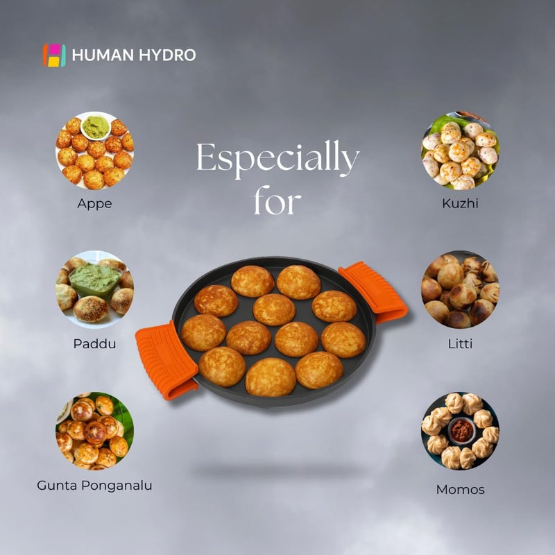 Human Hydro مقلاة بانيارام من الحديد الزهر مسبقة التتبيل 12 حفرة (20 سم) مع غطاء زجاجي ومقابض سيليكون | غير لاصقة بشكل طبيعي | متوافقة مع الحث والغاز | مثالية للأبام، باددو وبانيارام - Image 4