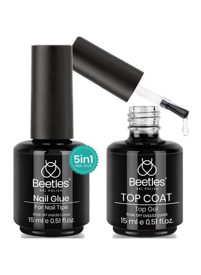 beetles Gel Polish 5 in 1 Nail Glue and No Wipe Top Coat Kit 2PCS 15ML for Gel Nails Easy Nail Extension Gel, Soak Off LED Gel Shine Finish and Long Lasting - Image 1