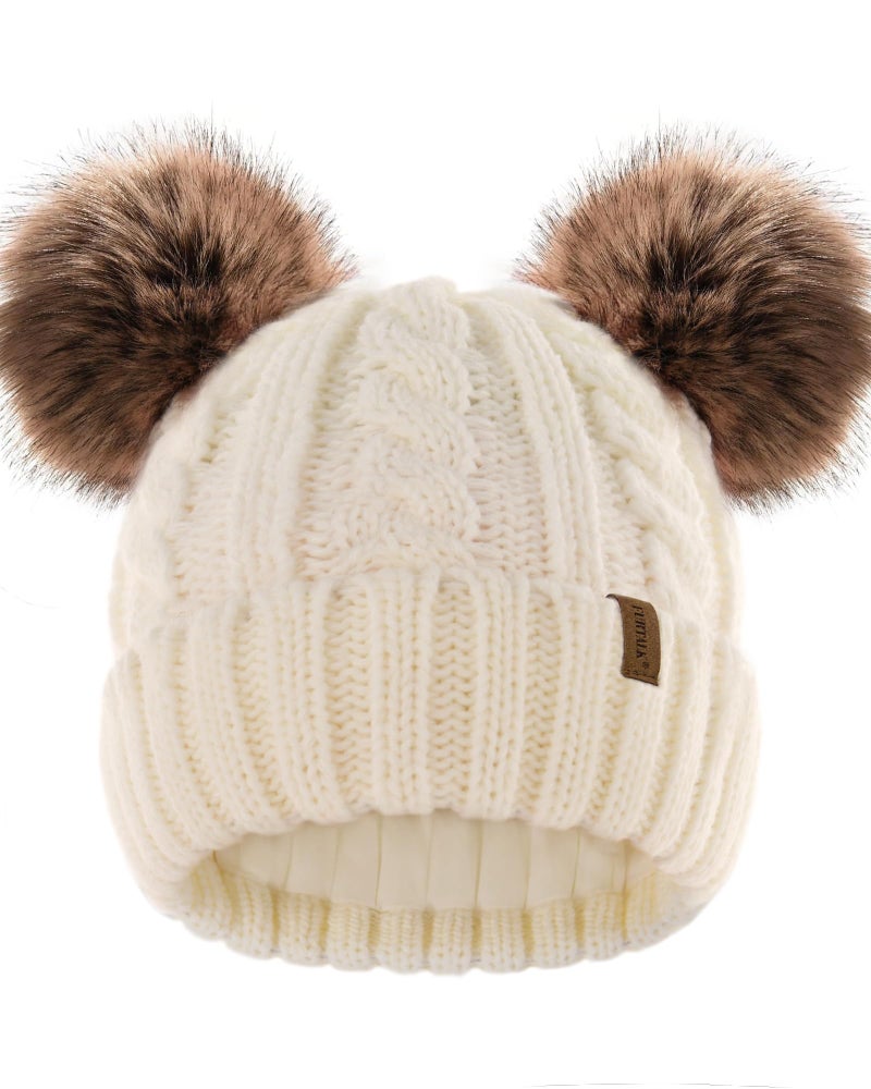 FURTALK Toddler Warm Winter Hat Kids Baby Knitted Soft Beanie with Double Faux Fur Pom Poms for Girls Boys Beige,6-24 Months - Image 1