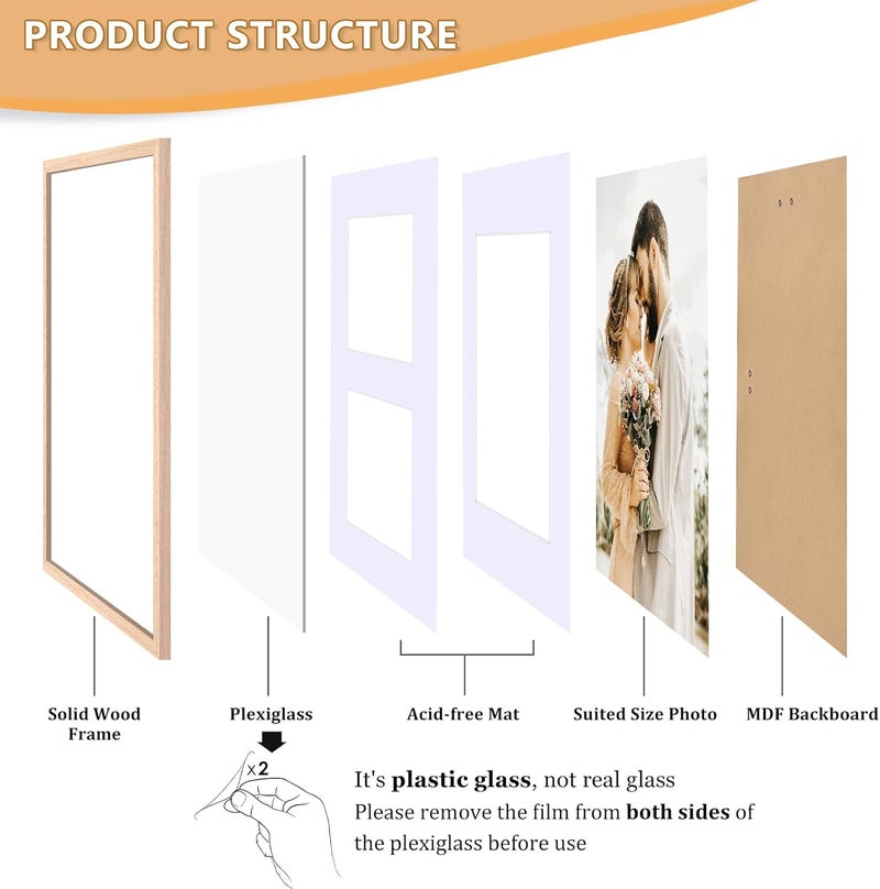 ATOBART إطار صور 11x14، إطار من خشب البلوط الصلب 8x10 مع حصيرة أو 5x7 مع حصيرتين أو 11x14 بدون حصيرة مع زجاج بليكسيجلاس، إطار 11x14 لعرض الأعمال الفنية والصور والملصقات، هدية عيد ميلاد وعيد الميلاد، مجموعة من 4 - Image 3