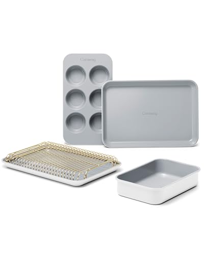 Caraway Mini Bakeware Set Naturally NonStick NonToxic Ceramic Coating Compact Baking Pans Set for Small Kitchens Ovens Includes Baking Sheets Muffin Pan Cooling Rack Storage White - Image 1