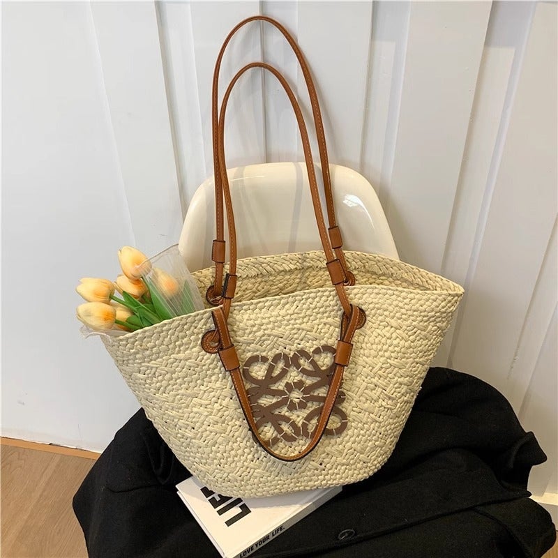 Luojia Straw Woven Bag Handmade Woven Vegetable Basket Large Capacity French Rattan Woven Seaside Vacation Cyber Popular Single Shoulder Beach Bag - Image 1