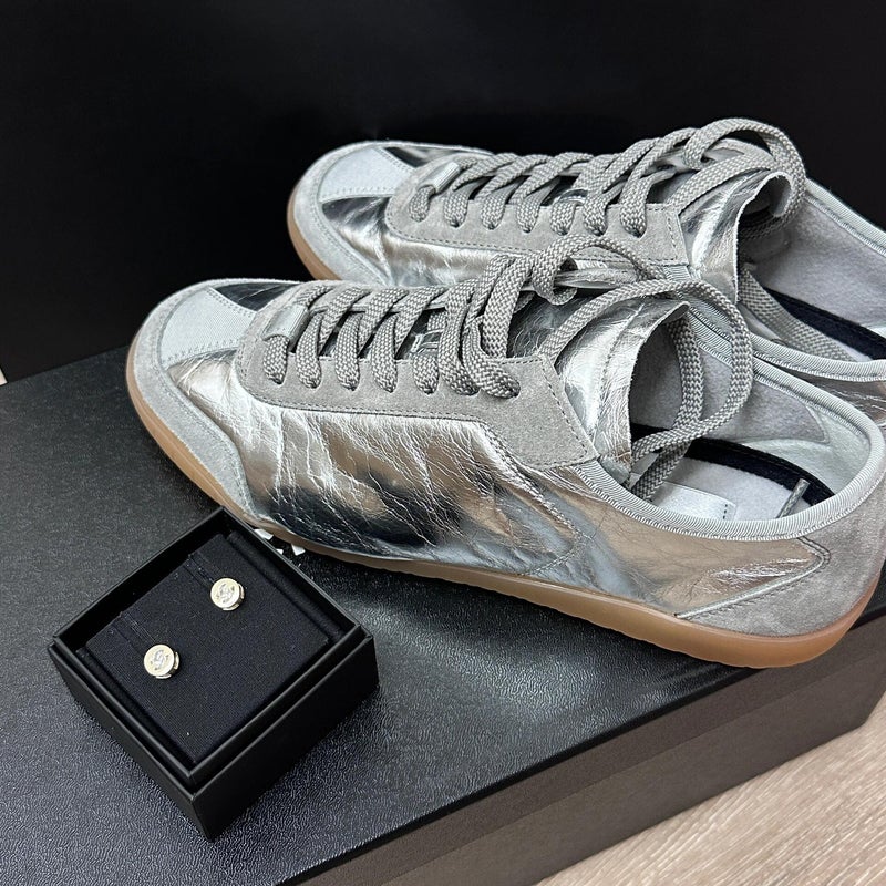 Vintage Round-Toe Silver Derby Shoes French Thick-Sole Lace-Up Casual Sneakers - Image 1