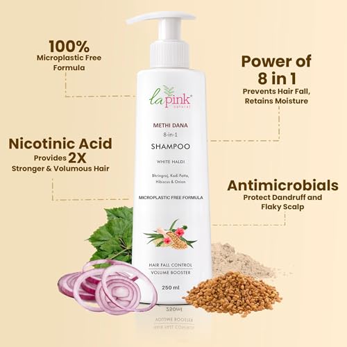 La Pink Methi Dana 8-in-1 Anti Hair Fall Shampoo | Strengthens Roots, Boosts Volume & Reduces Hair Fall | 100% Microplastic-Free | For Men & Women, All Hair Types | 250ml - Image 2