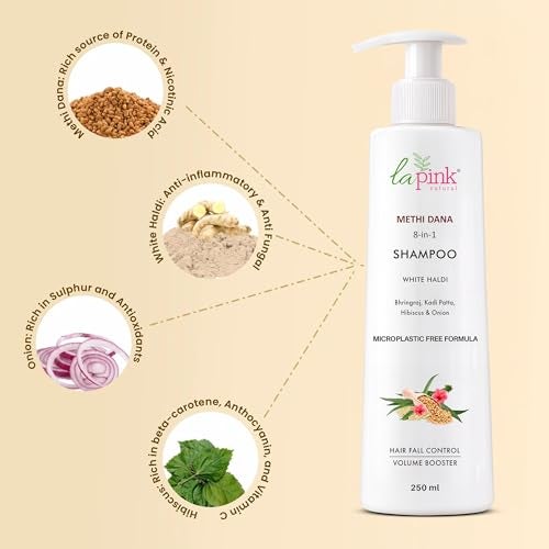 La Pink Methi Dana 8-in-1 Anti Hair Fall Shampoo | Strengthens Roots, Boosts Volume & Reduces Hair Fall | 100% Microplastic-Free | For Men & Women, All Hair Types | 250ml - Image 3