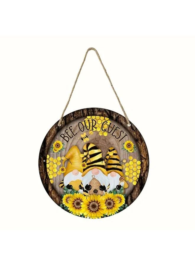 Yellow Wooden Round Plaque Faceless Elderly Figure Holding Honey Harvest Festival Decor - Image 1