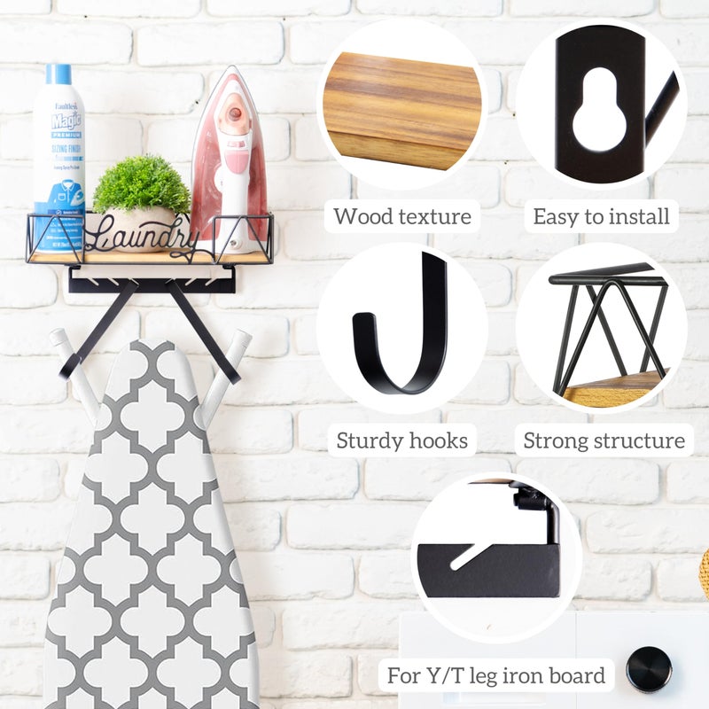 Perfnique Ironing Board Holder  Iron Board Wall Mount  Ironing Board Hanger  Laundry Room Organization With Removable Hooks(T&V Shaped)  Wooden Base Basket  Farmhouse Laundry Room Decor (Laundry) - Image 3