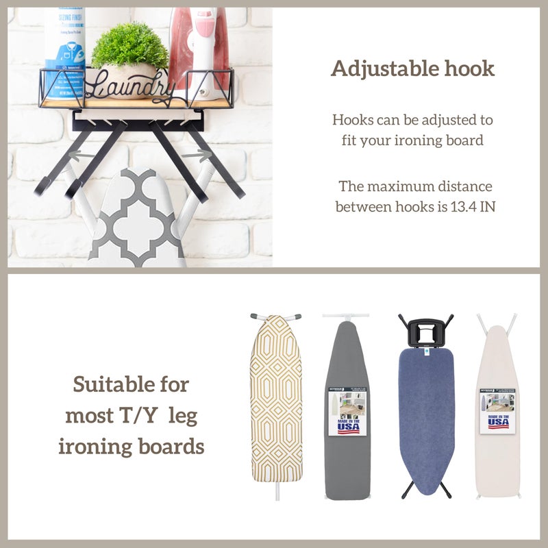 Perfnique Ironing Board Holder  Iron Board Wall Mount  Ironing Board Hanger  Laundry Room Organization With Removable Hooks(T&V Shaped)  Wooden Base Basket  Farmhouse Laundry Room Decor (Laundry) - Image 4