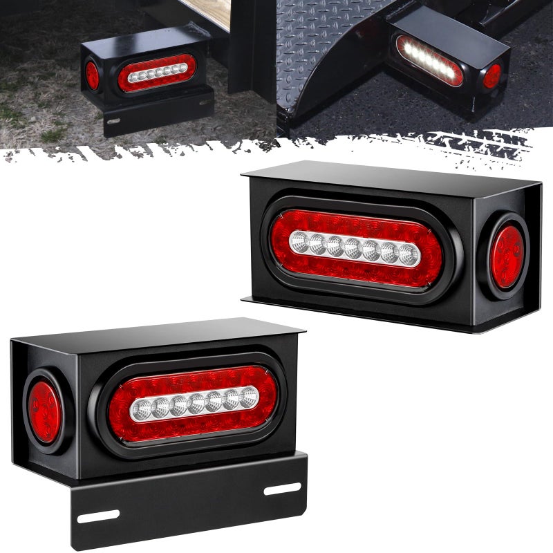 Partsam 2Pcs Steel Trailer Light Boxes Housing Kit w 6 Oval Led Trailer Tail Lights with Reverse 2 Red 4Led Round Side Marker Clearance Lights wGrommets and wire connectors