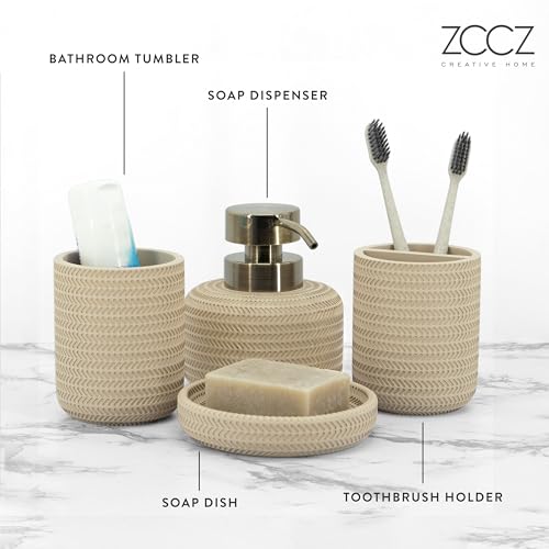 ZCCZ Beige Bathroom Accessories Set 4 Pcs - Toothbrush Holder, Soap Dispenser, Vanity Tray, Tumbler - Countertop Organizer for Bathroom Decor - Stylish and Functional Accessory Set for Home - Image 3