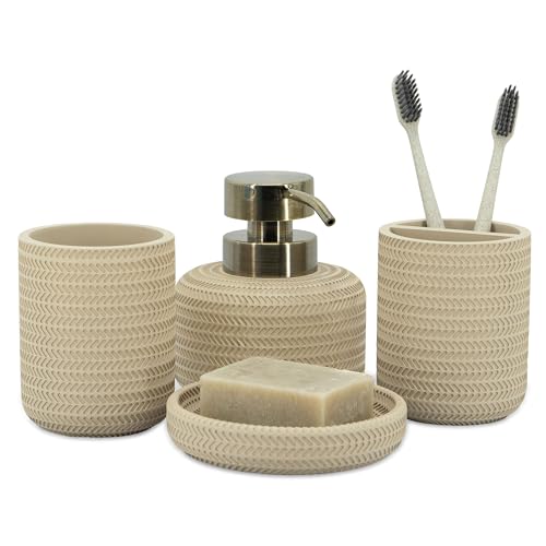 ZCCZ Beige Bathroom Accessories Set 4 Pcs - Toothbrush Holder, Soap Dispenser, Vanity Tray, Tumbler - Countertop Organizer for Bathroom Decor - Stylish and Functional Accessory Set for Home - Image 1