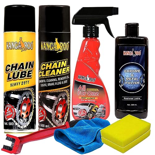 Kangaroo Premium Bike Care Kit Contains Chain Lube | Chain Cleaner | All For One Polish | Metal Polish | 1 Microfiber Cloth With 2 Foam Applicator Total Bike Protection Kit (Large Pack (500)) - Image 1
