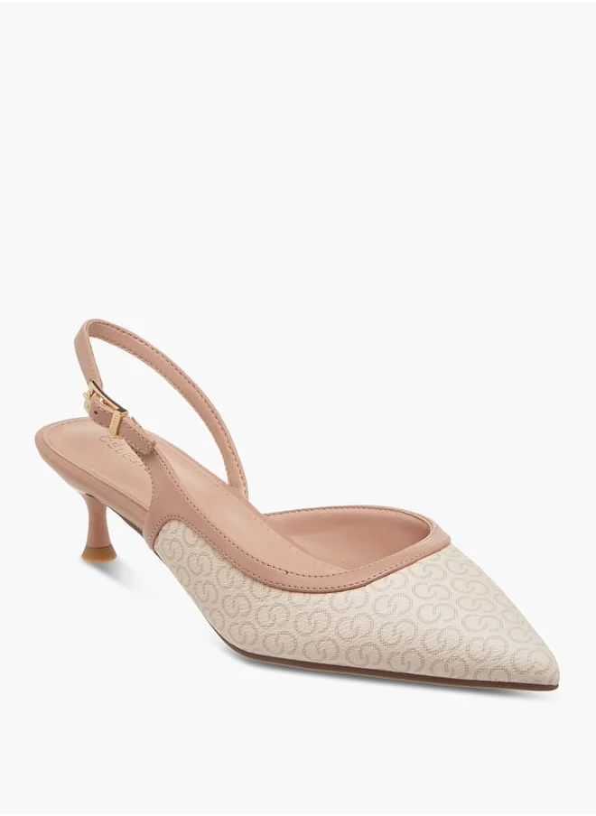 Celeste Women's Monogram Print Shoes with Buckle Closure and Kitten Heels